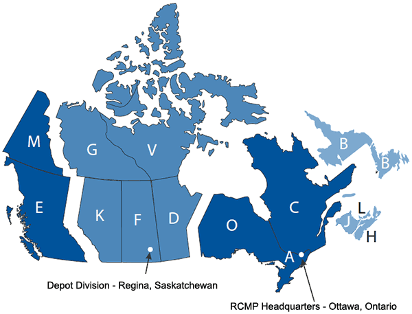 Map of Canada showing RCMP regions and divisions