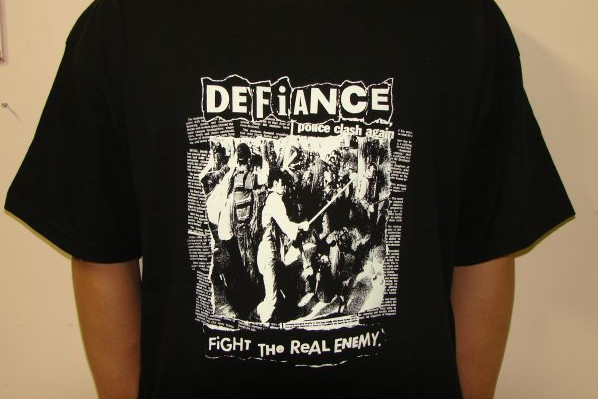black t-shirt with a white 'Defiance' logo