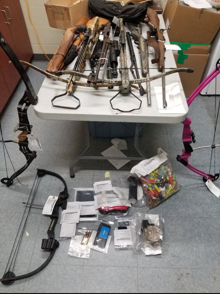 Seized weapons, stolen property, and drugs