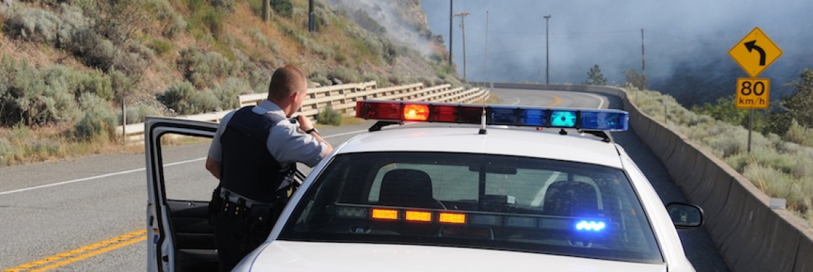 Male police officer on radio looks at forest fire.