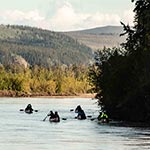 Five two-person canoes shown paddling around a bend of a river