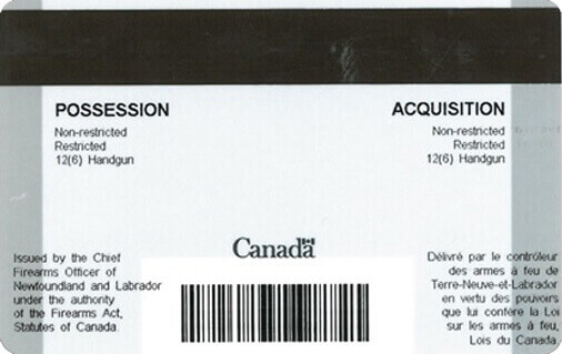 Sample of the back of the old Possession and Acquisition Licence card which includes conditions, bar code and magnetic strip.