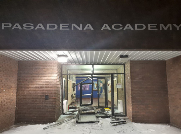 Extensive damage to Pasadena Academy in Deer Lake after a stolen pickup truck was used to ram the front entrance. 