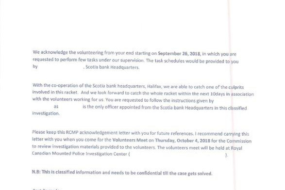 Letter with RCMP logo explaining process and need for confidentiality in helping the RCMP in their joint investigation.