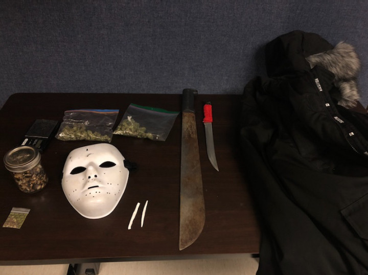 Cannabis, mask, machete and knife