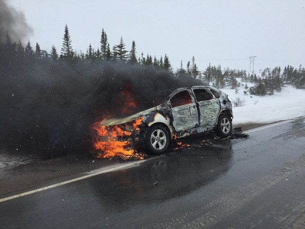 Harbour Grace RCMP responds to vehicle on fire on Route 74 near Heart's Content on March 2, 2020.