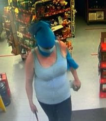 Clarenville RCMP seeks assistance from public in identifying this woman who is suspected of armed robbery at the Corner Stop gas station in Port Blandford on June 26, 2020.