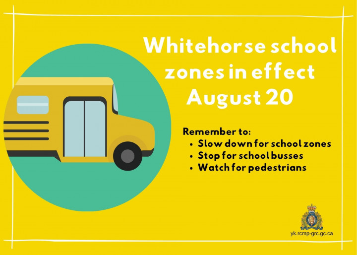 Image of school bus, reminding public that school zones in effect as of August 20