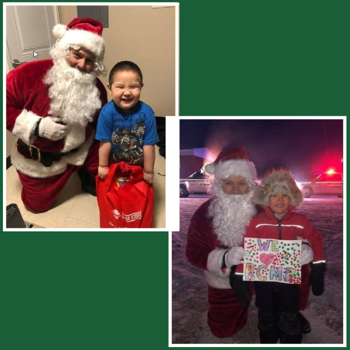 From Ulukhaktok, Northwest Territories –Santa and a child with a huge smile after receiving a toy. A child stands with Santa holding a hand-drawn sign that reads: We love RCMP.