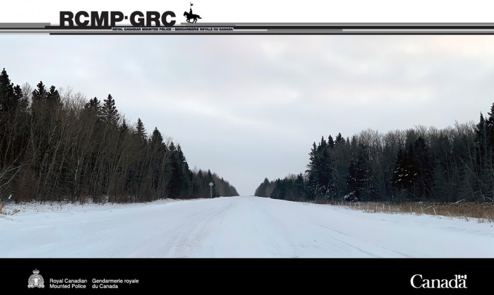Rural Saskatchewan road with trees and forest on either side of the ditches with snow.