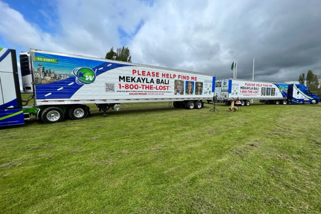 two truck/trailer rigs featuring photo of Mekayla Bali 