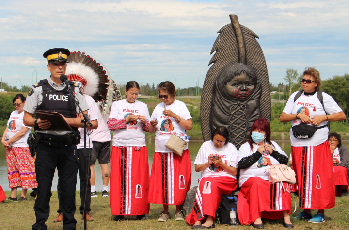 Members of the Saskatchewan RCMP attended the Honouring our Sisters & Brothers 18th Annual Memorial Walk opening ceremony at the MMIWG2S Sisters in Spirit Memorial at the riverbank in Prince Albert.