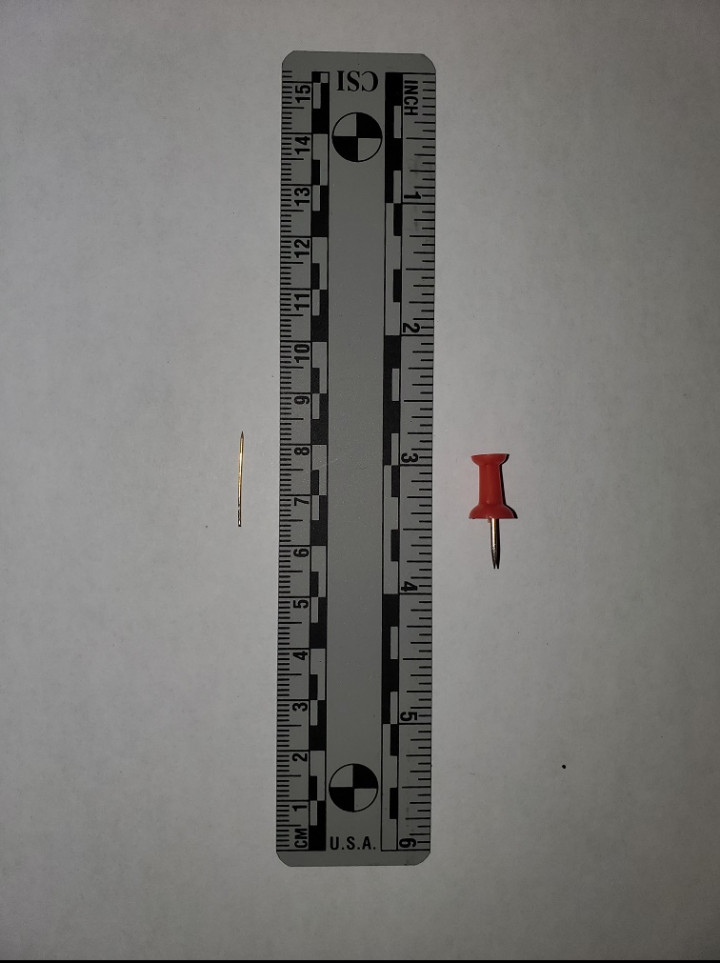  A bronze colored small metal pin is displayed next to a metal ruler. A thumb tack is displayed on the other side of the ruler.