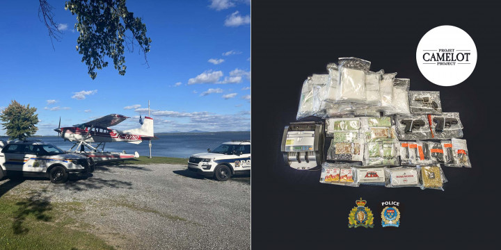 RCMP and SPAL vehicles in front of the seized seaplane / Bags containing cocaine, three handguns, ammunition, cash, money-counting machine