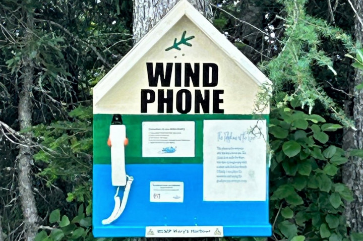 A photo of a 'Wind Phone' on a tree in the woods. 