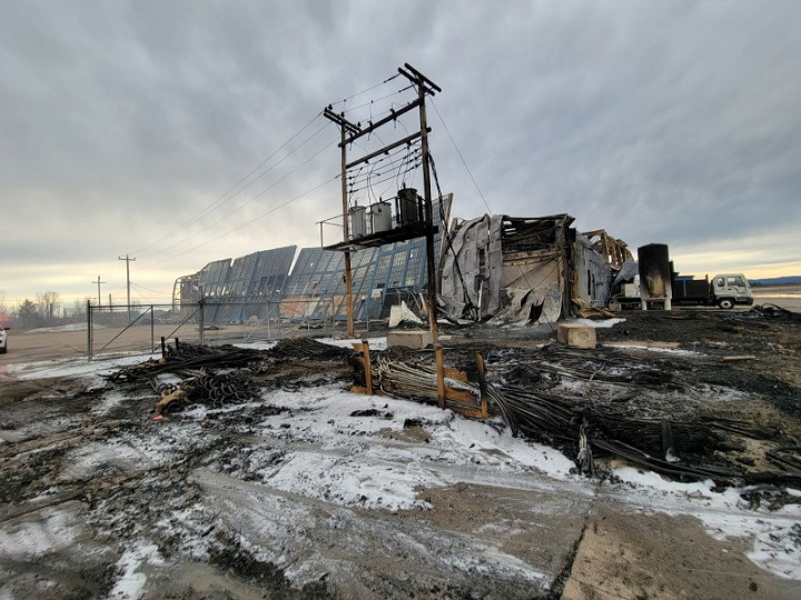 The remains of an industrial building that was destroyed by fire is pictured.