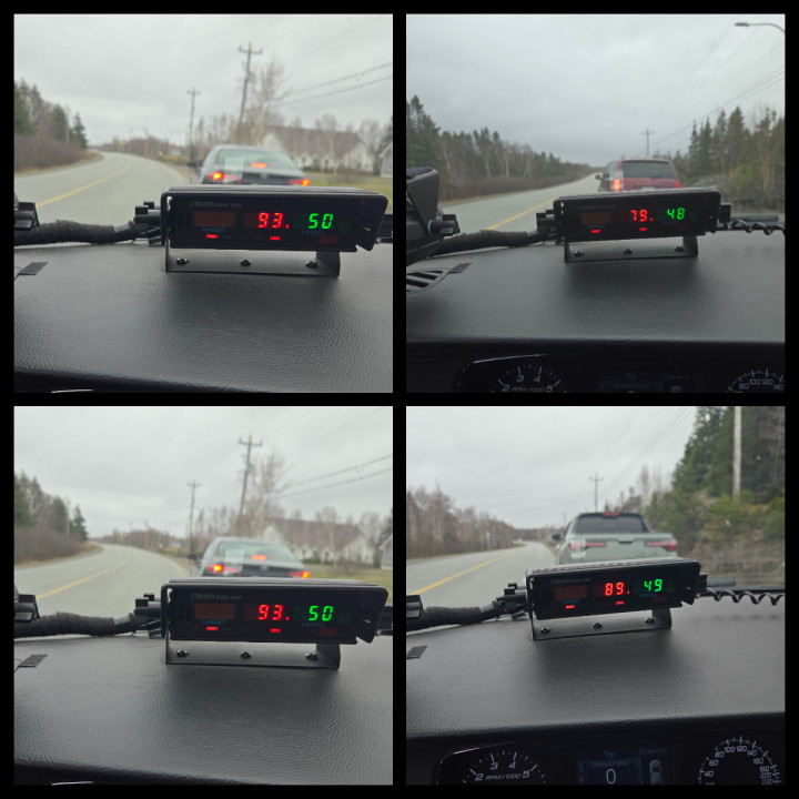 A collage of four images. In each image, a police radar displays a speed and a vehicle is pulled over on the side of the road.