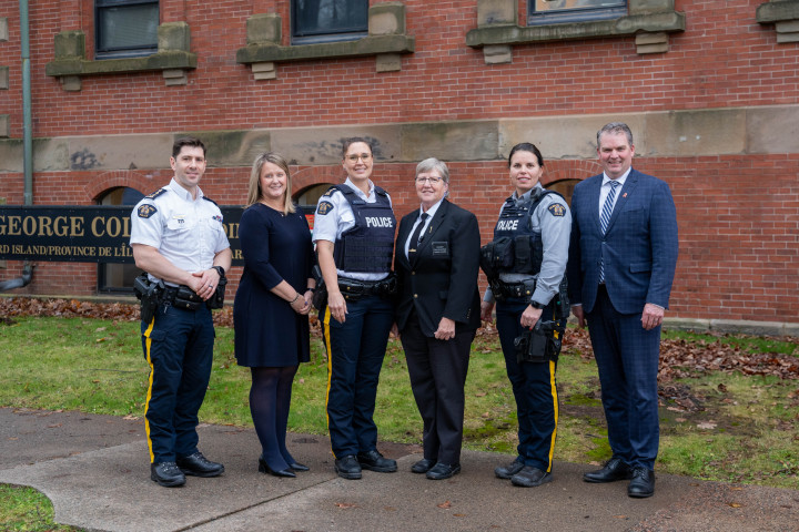 Cheif Superintendent Kevin Lewis, Commanding Officer PEI RCMP, Minister Jenn Redmond, Superintendent Sarah Drummond, Criminal Operations Officer PEI RCMP, June Ramsay, retired RCMP member who now works in security services with the PEI Legislature, Constable Bonnie Hodder, PEI RCMP Proactive Recruiting Lead, Minister of Justice and Public Safety - Bloyce Thompson 