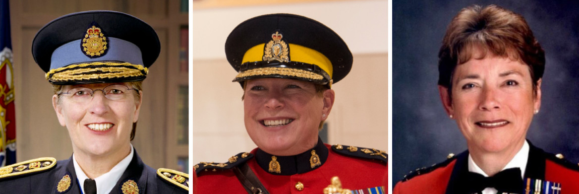 A collage of three female police commissioners in their uniforms. 