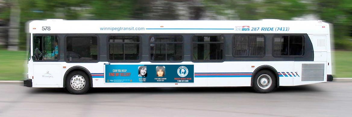 Winnipeg Transit bus with advertisement on side.