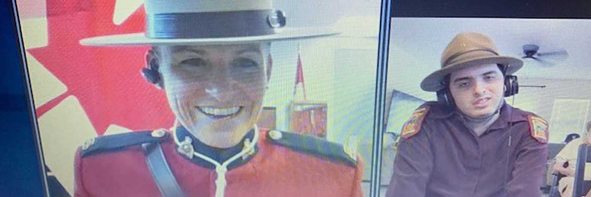 A split-screen video call with an RCMP officer in red serge with a Canadian flag behind her on the left and a young man wearing a Stetson-style hat and red jacket on the right.