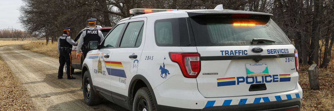 Male and female police officer stand on road beside car