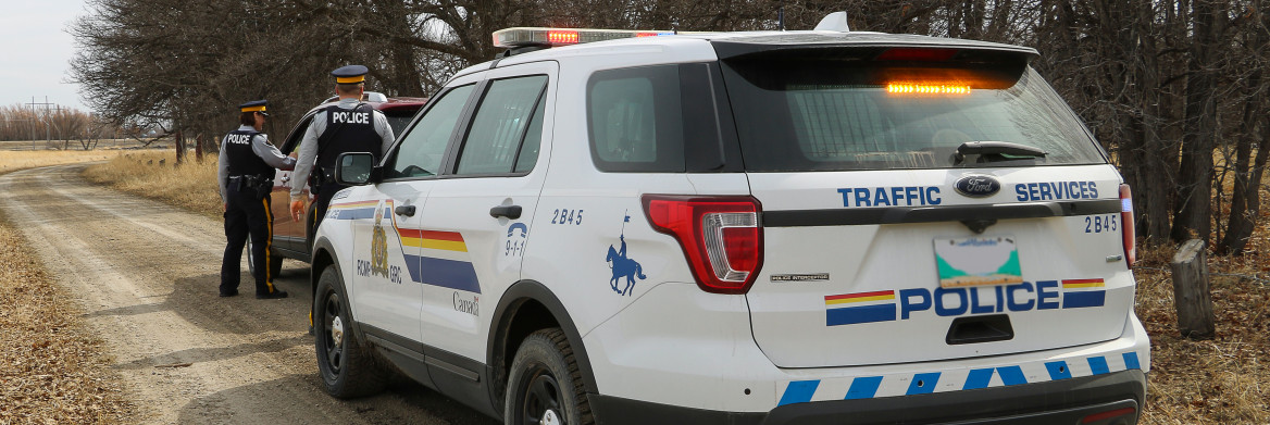 Une policière et son collègue près d'une voiture sur une route