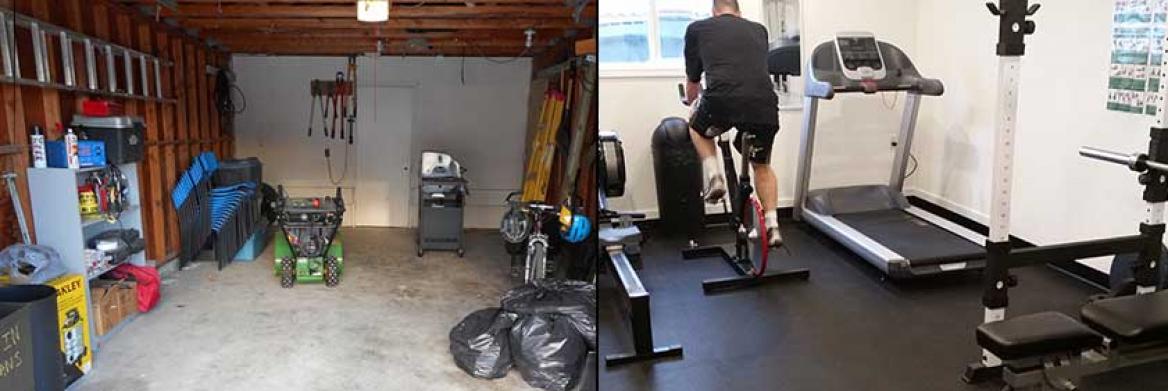 (À gauche) Garage encombré de rebuts; (À droite) Homme sur un vélo stationnaire dans un gymnase.