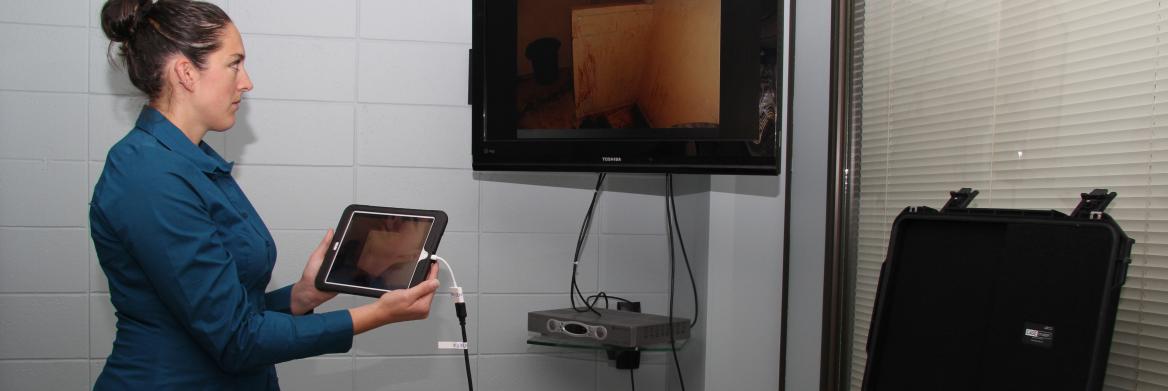 Standing woman holds tablet next to TV.