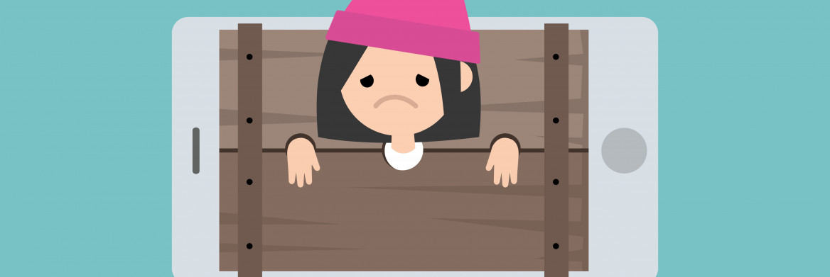 Cartoon image of a young girl standing locked in a wooden pillory with her hands and head immobilized. The pillory has the shape and look of a cellphone.