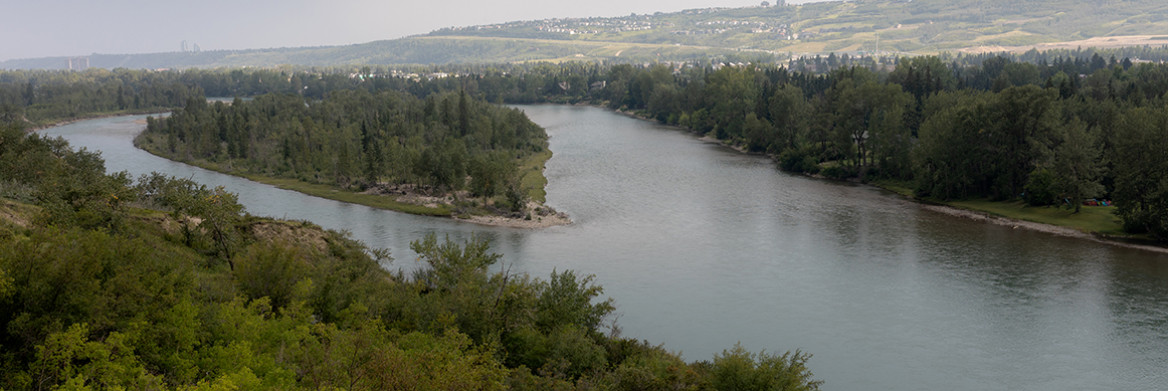 Aerial view of a river flowing through a large city.