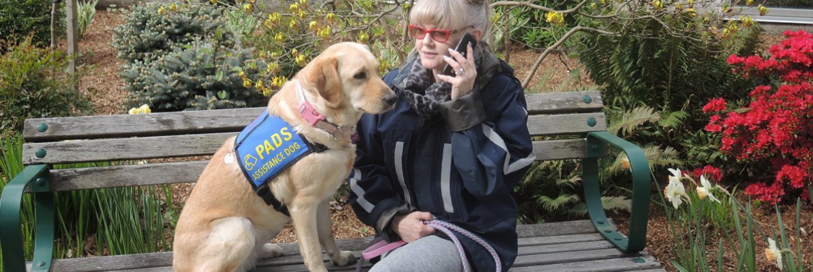 A woman talks on a phone while sitting on an outdoor bench. A dog sits next to her.